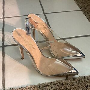 Fashion Nova Metallic Silver Clear Heels
